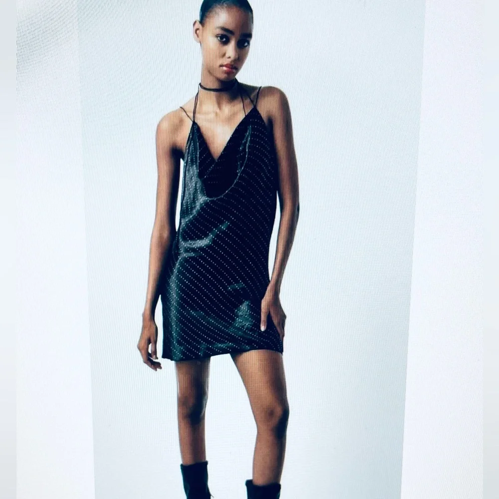 Zara satin effect mini black slip dress with rhinestone details - size XS